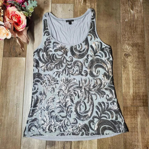 Express Embellished Silver Sequin Women's Sleeveless Blouse Tank Top Size Small - Picture 1 of 13